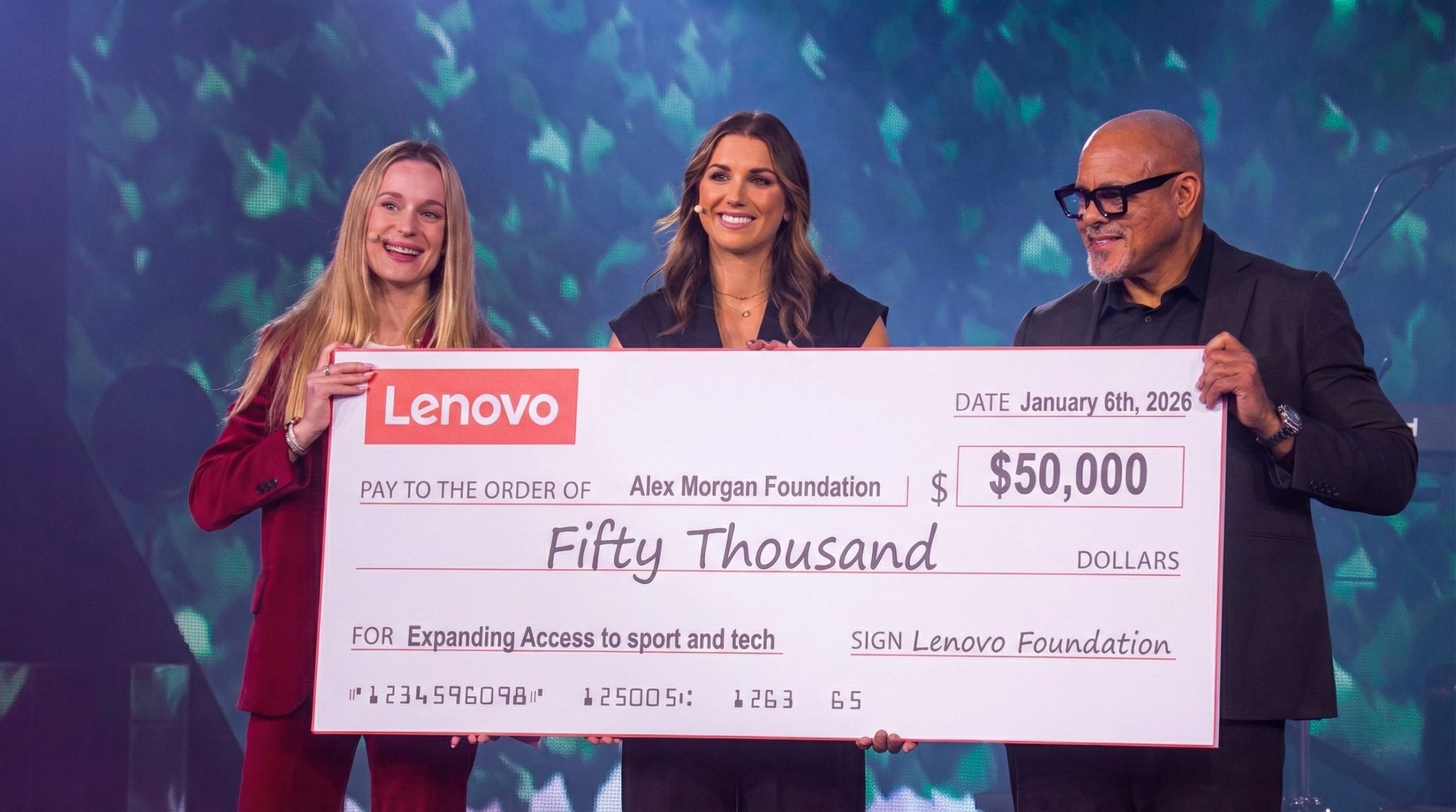 Lenovo’s support for Alex Morgan Foundation was announced at the 2026 Lenovo Tech World through a presentation to Alex Morgan by Lenovo Foundation President, Calvin J. Crosslin